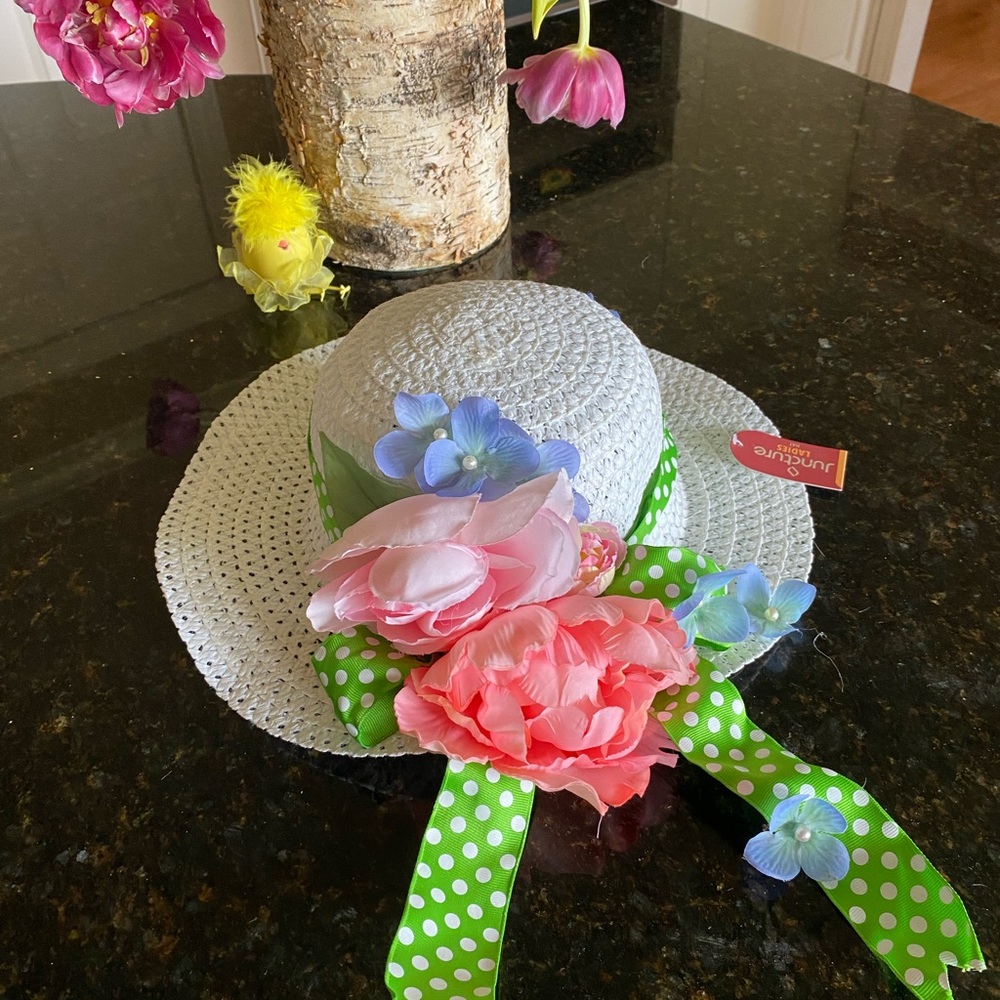 Ladies Floral White Sun Hat with Green Polka Dot Ribbon Easter Spring